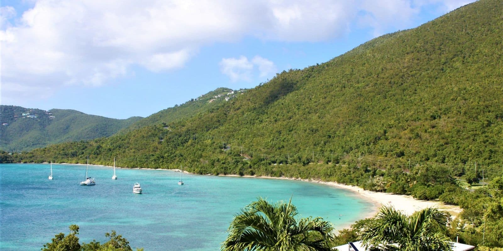 Brewers Bay, St. Thomas, from the hillside: boats moored in turquoise water under a green ridge.