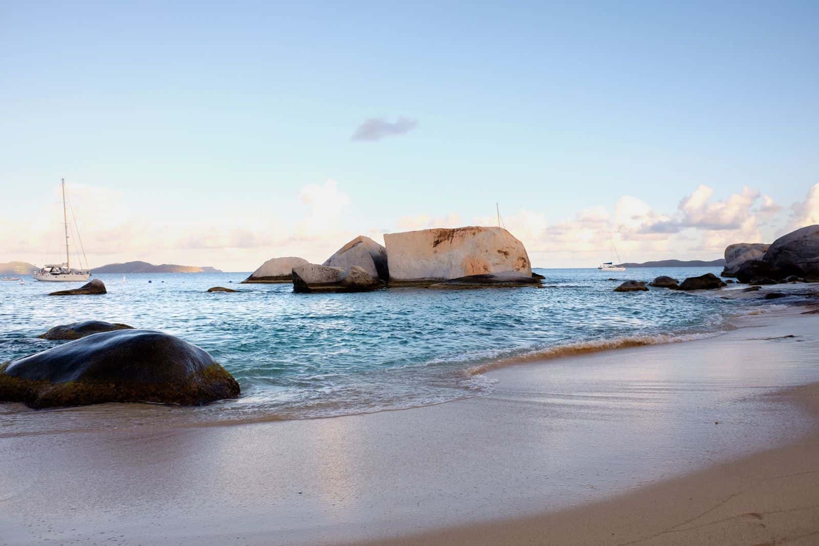 Sand and granite boulders at dusk on Virgin Gorda's southwest shore, near The Baths