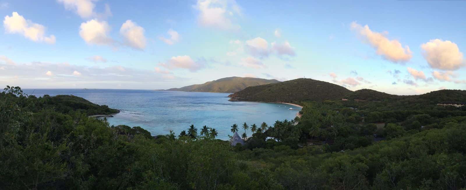 A palm-lined bay and wooded headlands on Virgin Gorda, seen from the hillside above
