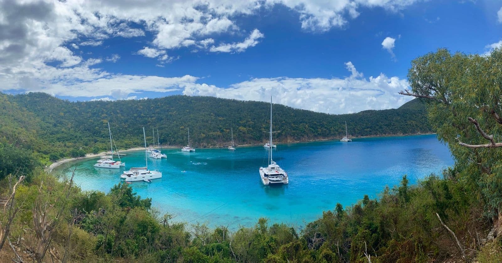 Yachts moored in a green-hilled bay in the British Virgin Islands