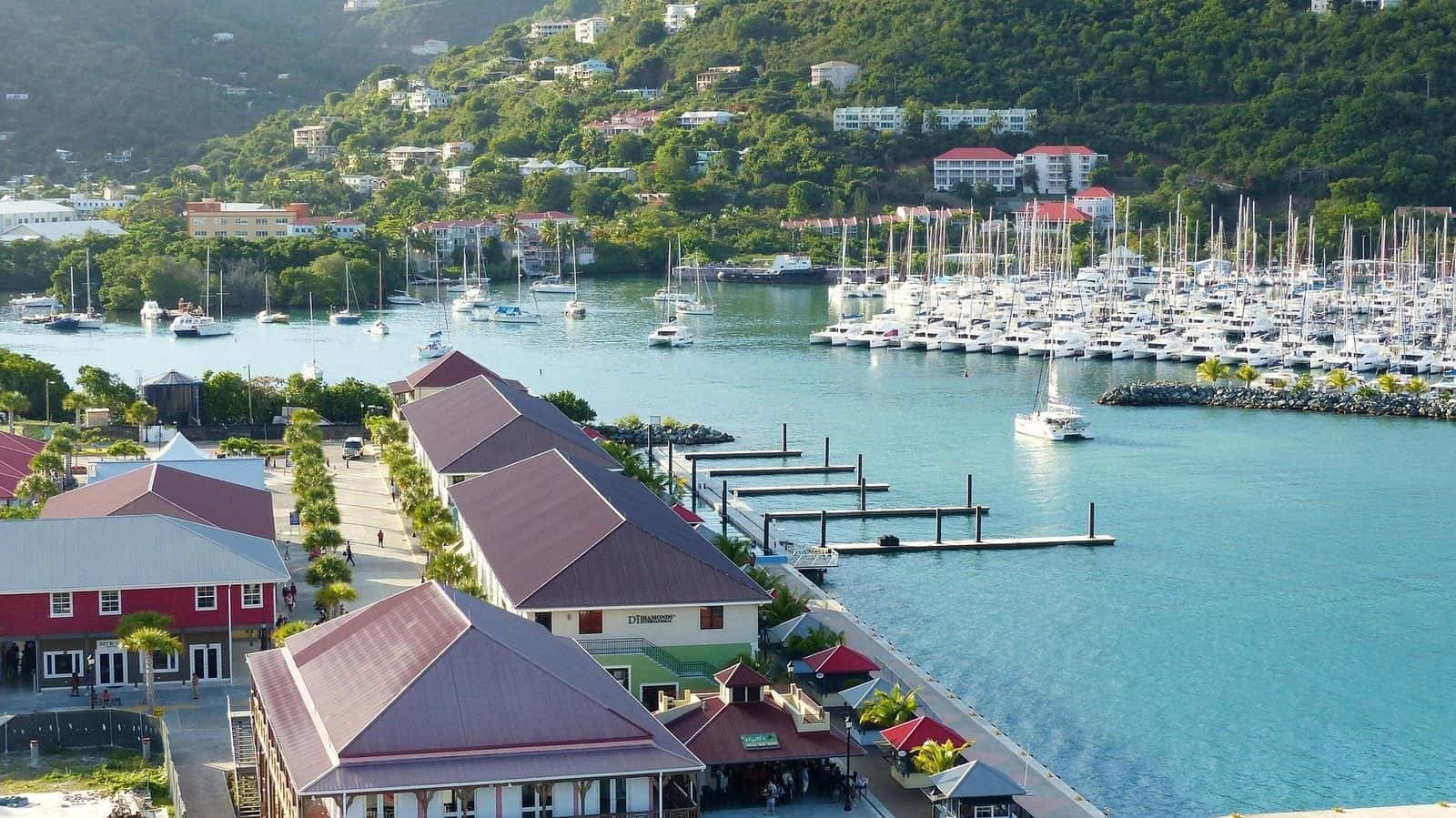 Road Town, Tortola, from above: waterfront buildings and a marina full of yachts below green hills
