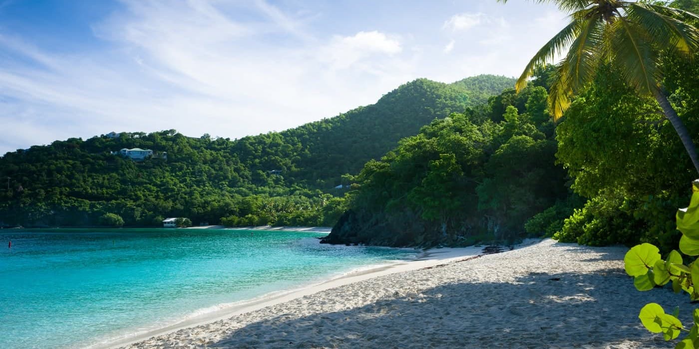 Hawksnest Beach, St. John: shaded sand, sea grape and palm, green hills across the bay.