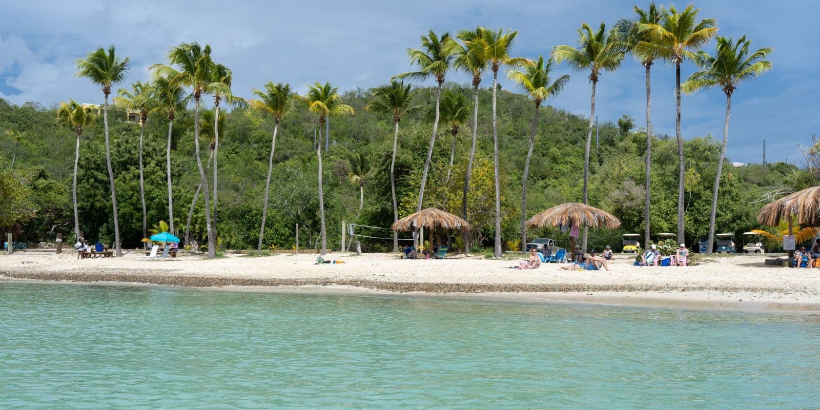 Honeymoon Beach, Water Island, from the water: tall palms, thatched umbrellas and a strip of white sand.
