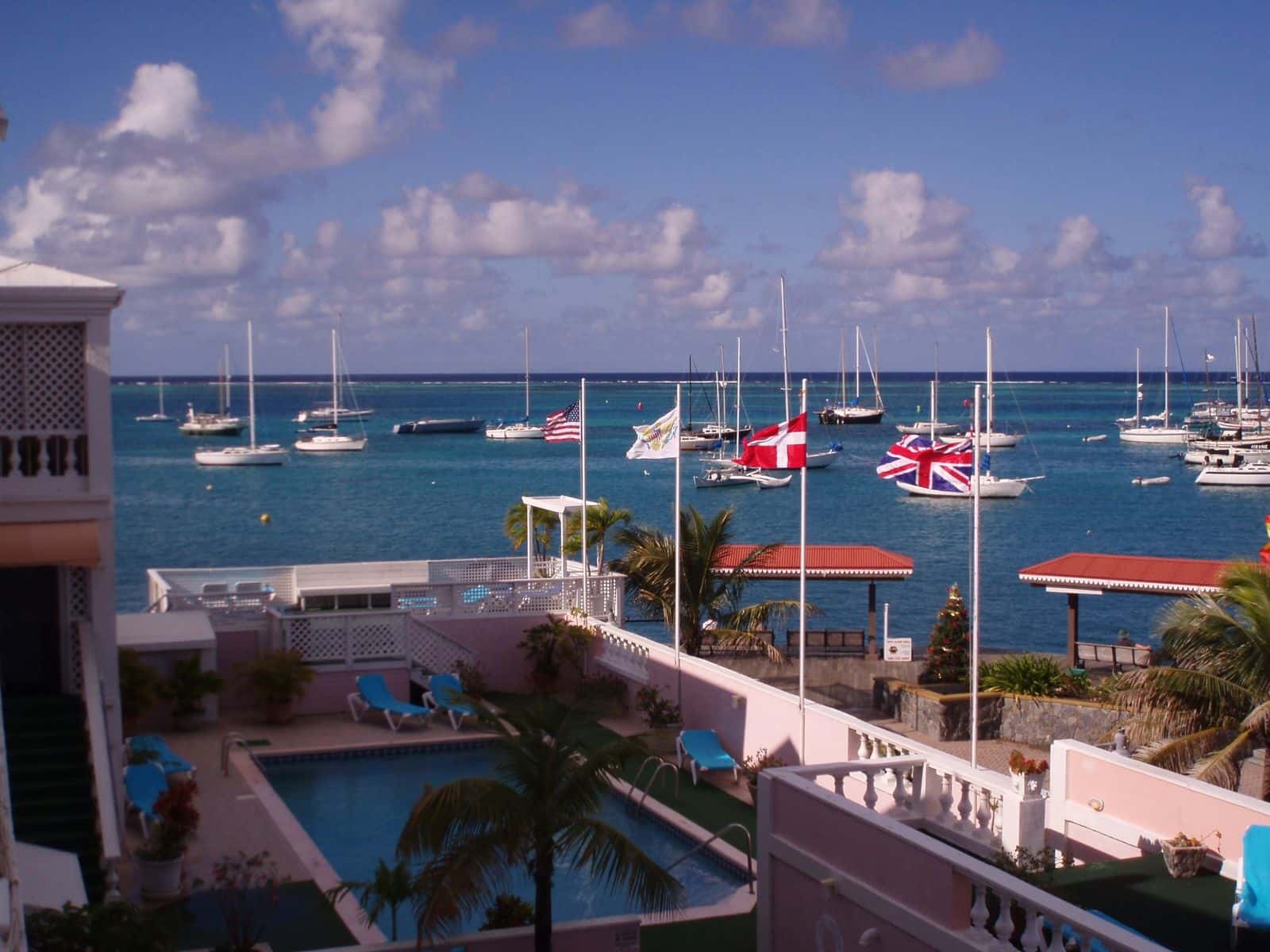 Christiansted harbor on St. Croix, where the St. Thomas ferry lands, sailboats at anchor offshore
