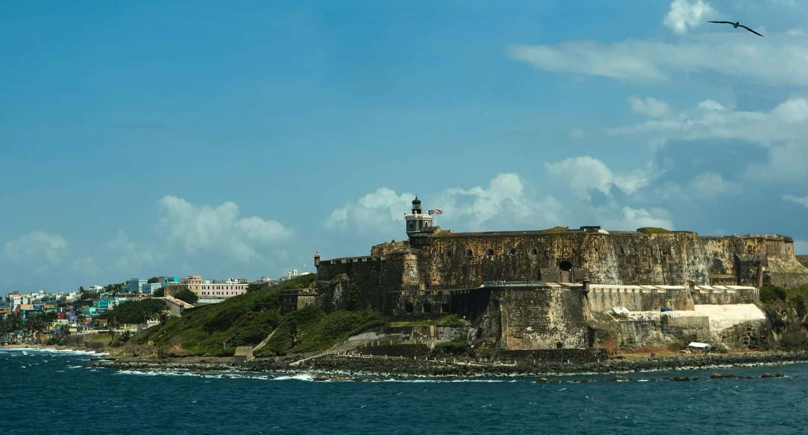 El Morro's walls and Old San Juan, Puerto Rico, from the sea on the way into San Juan Bay